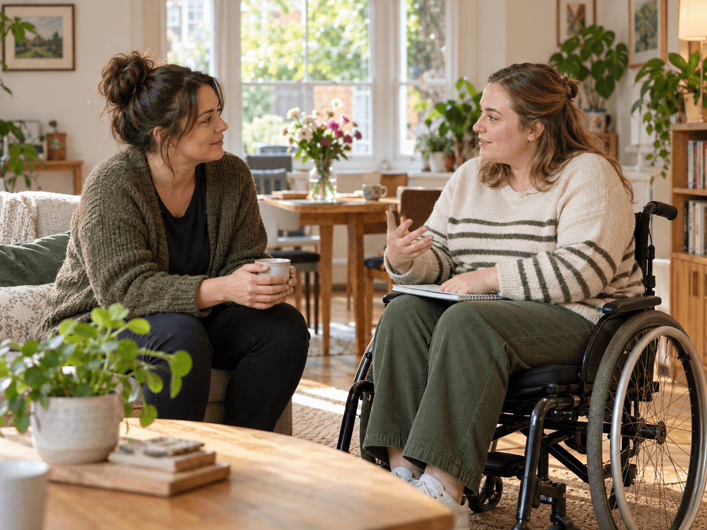 An adult woman using a wheelchair talking with a support worker at home